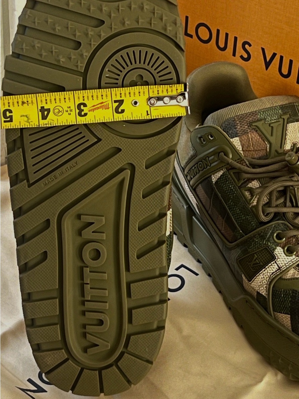 Louis Vuitton Men's Olive Green & Beige Camouflage Low-Top Sneakers - Picture 3 of 9